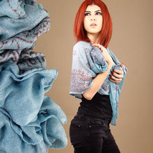 Load image into Gallery viewer, Lg Blue Indian Rayon Krishna Scarf with Red OM Symbol