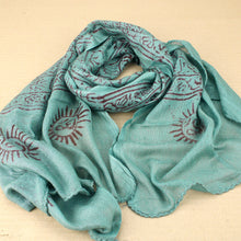 Load image into Gallery viewer, Teal Blue Indian Rayon Krishna Scarf with OM Symbol