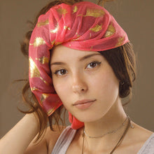 Load image into Gallery viewer, Sheer Tangerine Pink Scarf with Gold Feathers