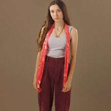 Load image into Gallery viewer, Sheer Tangerine Pink Scarf with Gold Feathers