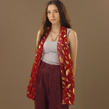 Load image into Gallery viewer, Sheer Deep Red Scarf with Gold Feathers