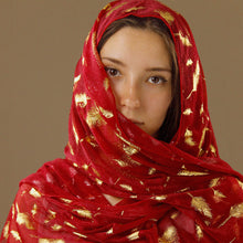 Load image into Gallery viewer, Sheer Deep Red Scarf with Gold Feathers