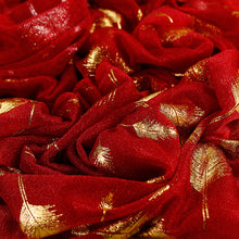 Load image into Gallery viewer, Sheer Deep Red Scarf with Gold Feathers