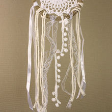 Load image into Gallery viewer, Dreamcatcher - White Crochet and Lace Ribbon Pom Pom