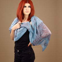 Load image into Gallery viewer, Lg Blue Indian Rayon Krishna Scarf with Red OM Symbol
