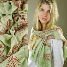 Load image into Gallery viewer, Light Green Indian Rayon Krishna Scarf with Red OM Lg
