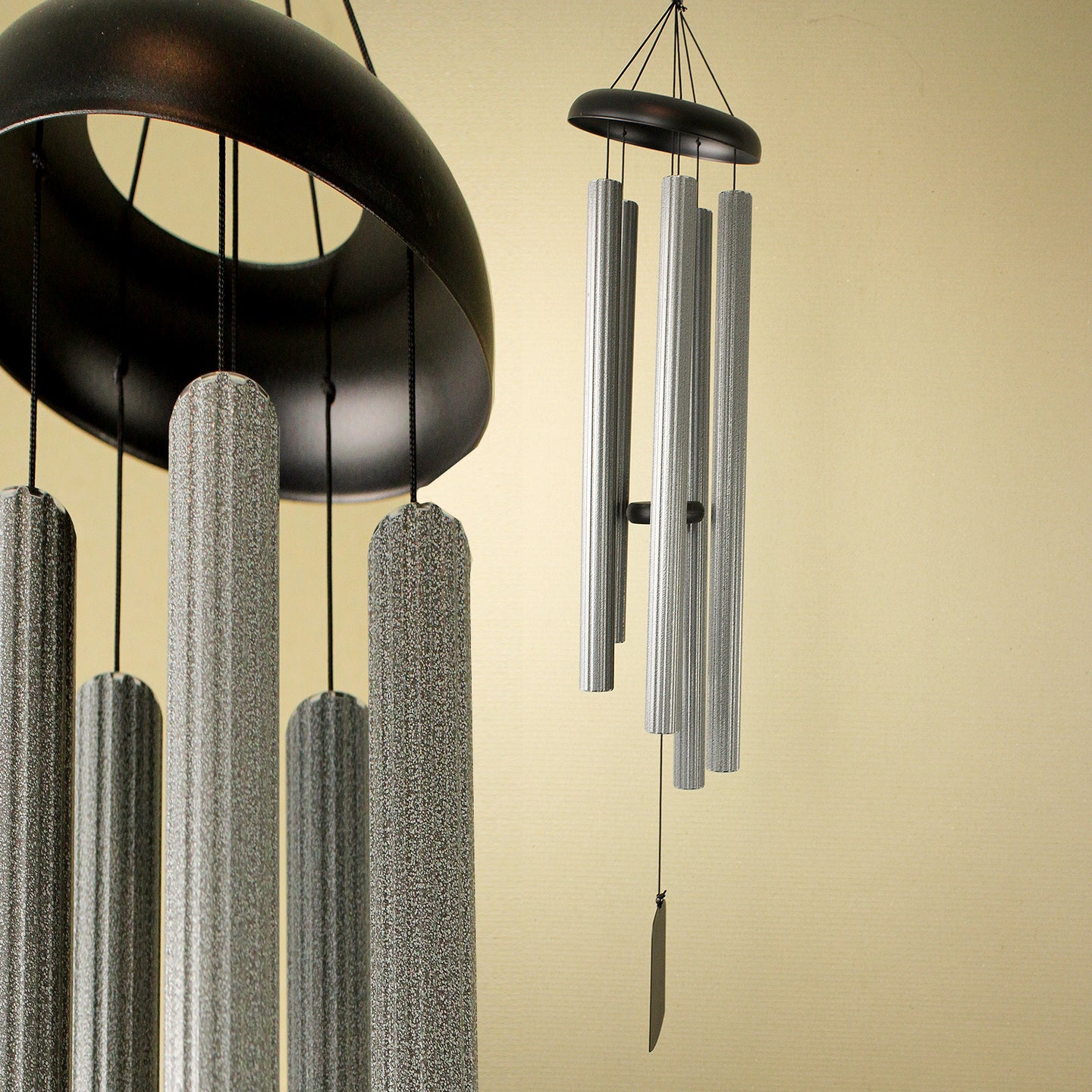 Large Silver/ Grey Metal ribbed Wind Chime with Black Accents
