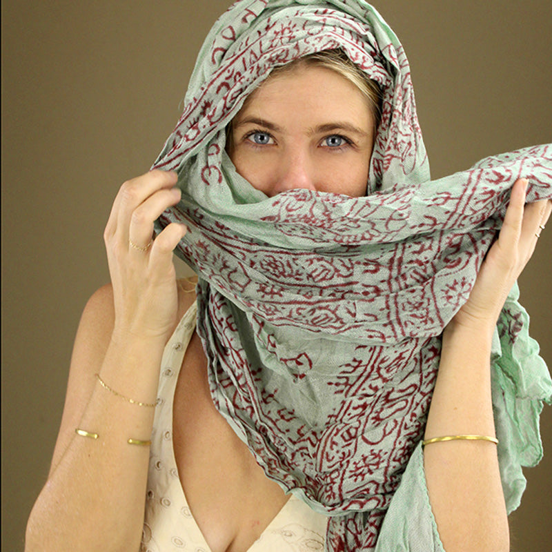 Indian Cotton Hindu Krishna Scarf Ice Blue Geen Sm