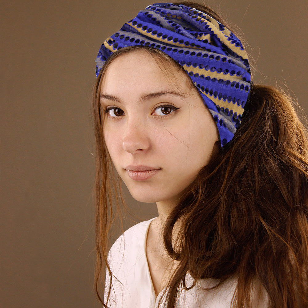 Boho Stretchy Tube Headband - Blue Brown Holes