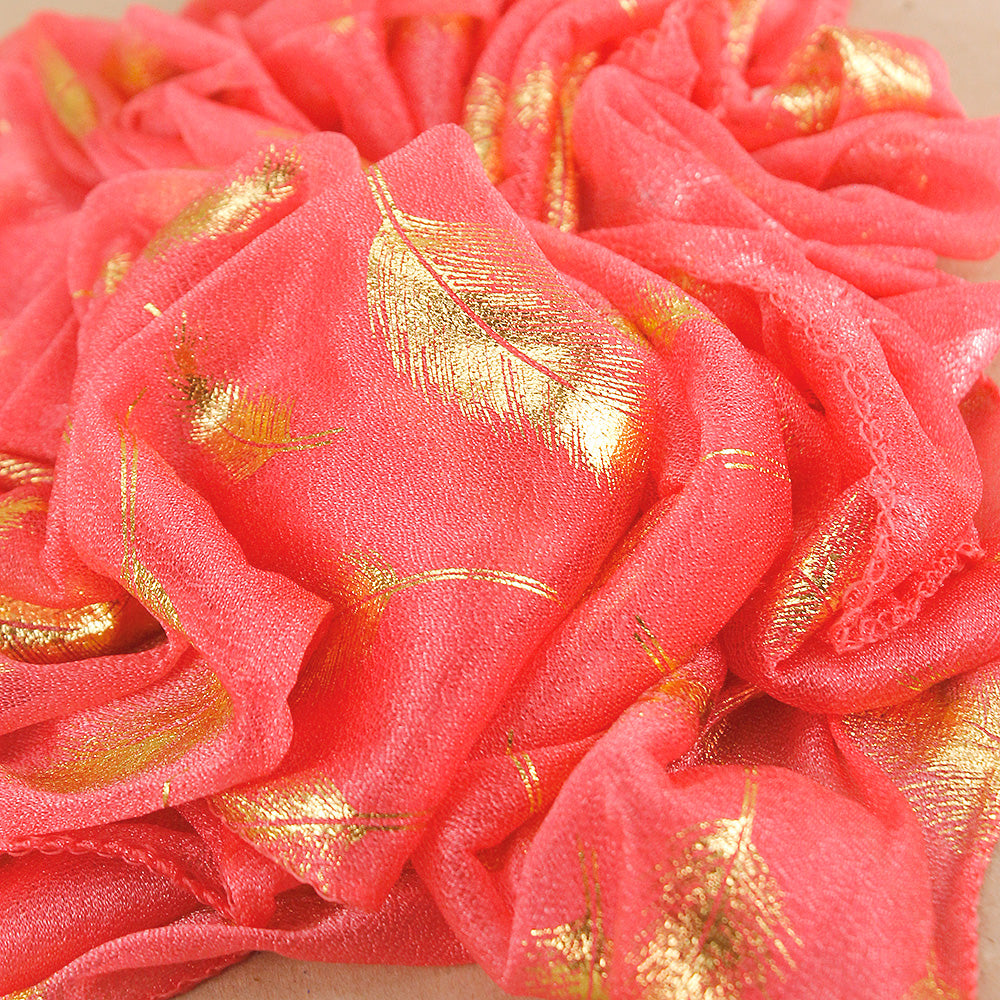 Sheer Tangerine Pink Scarf with Gold Feathers