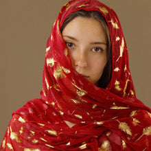 Load image into Gallery viewer, Sheer Deep Red Scarf with Gold Feathers
