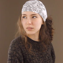 Load image into Gallery viewer, Tie-Up Bandana Cap - Black &amp; White Paisley

