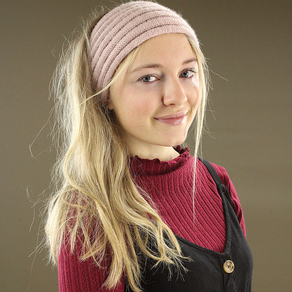 Knitted Wide Headband - Dusty Pink and Silver Speckled
