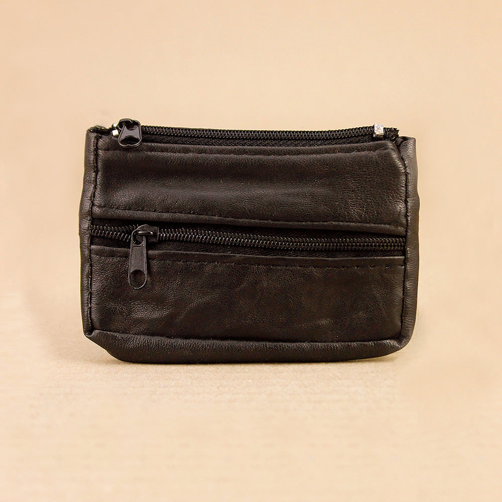 Soft Black Leather Coin Purse- 3 Zip