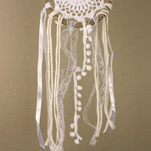 Load image into Gallery viewer, Dreamcatcher - White Crochet and Lace Ribbon Pom Pom

